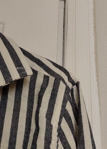 Gri Çizgili Uzun Kollu Keten Erkek Gömlek - Görsel 4