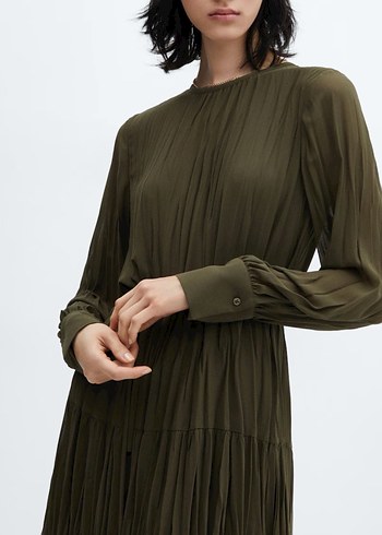 Kadın MANGO Haki Pilili Uzun Kollu Triko Elbise - Görsel 3