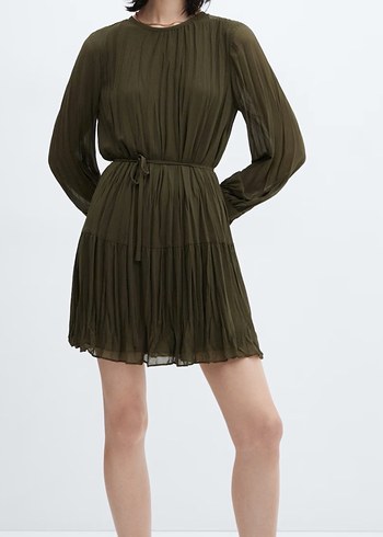 Kadın MANGO Haki Pilili Uzun Kollu Triko Elbise - Görsel 2