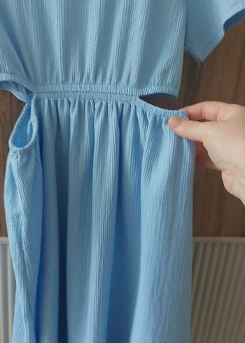 Koton Mavi Mini Keten Elbise, Kısa Kollu, Salaş çocuk
