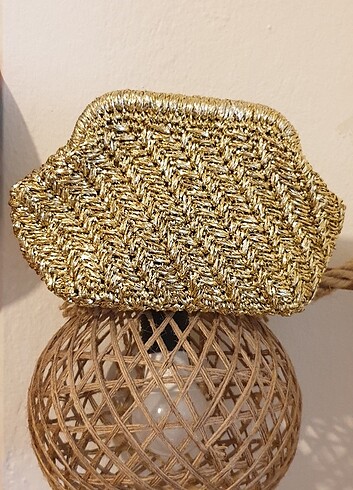 Altın gold başak model örgü portföy çanta