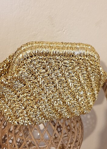 Beden altın Renk Altın gold başak model örgü portföy çanta