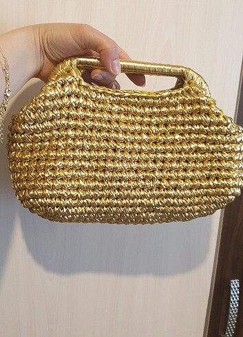 Beden altın Renk Gold altın deri ip örgü çanta portföy