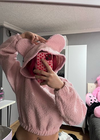 Pembe Peluş Kapüşonlu Kız Sweatshirt - Görsel 2