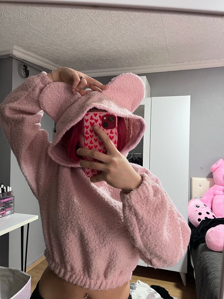 Pembe Peluş Kapüşonlu Kız Sweatshirt - Görsel 2