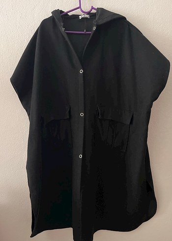 Düğmeli Siyah Midi Kadın Panço - Görsel 4