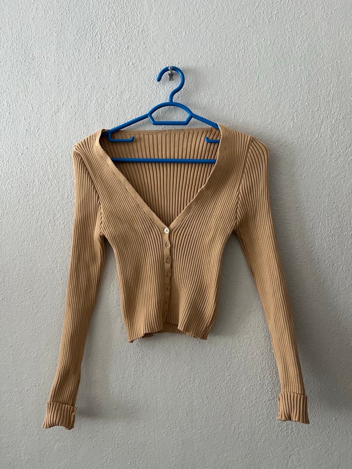 Bej İnce Triko V Yaka Kadın Hırka - Görsel 2