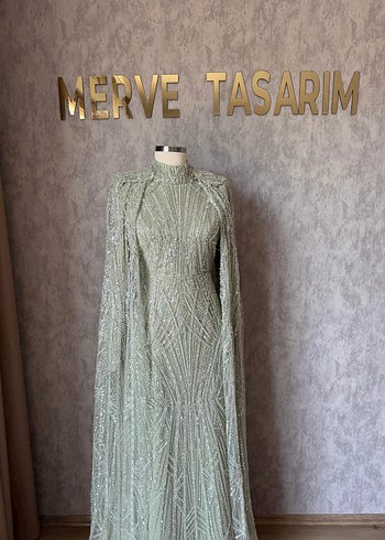 Mint yeşili İşlemeli Uzun Abiye Elbise özel dikim