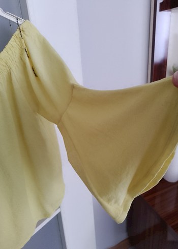 Diğer Sarı Keten Kadın Bluz, Salaş, Uzun Kollu