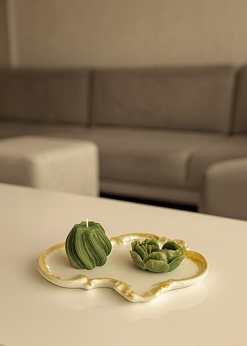 Yeşil Dekoratif Mum ve Tepsi Seti - Görsel 2