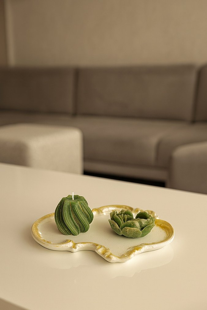 Yeşil Dekoratif Mum ve Tepsi Seti - Görsel 2