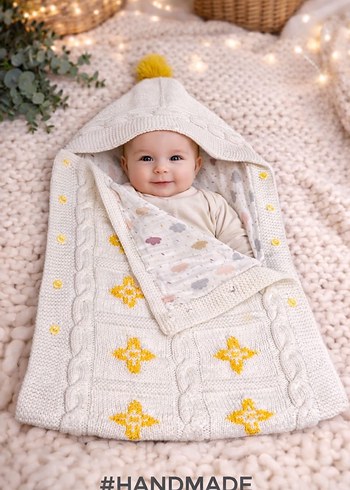 Nakışlı Örgü Bebek Battaniyesi Kapüşonlu - Görsel 3