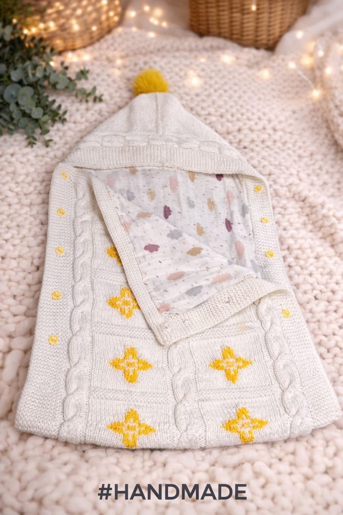 Nakışlı Örgü Bebek Battaniyesi Kapüşonlu - Görsel 2