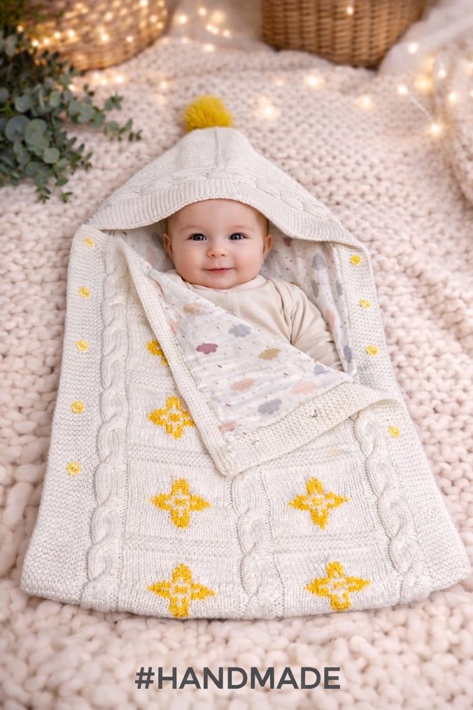 Nakışlı Örgü Bebek Battaniyesi Kapüşonlu - Görsel 3