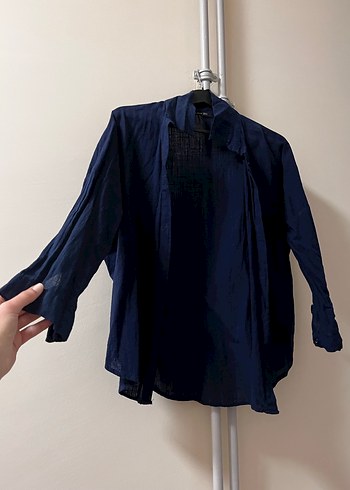 Lacivert Keten Kadın Gömlek - Görsel 2