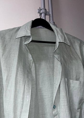 Yeşil Keten Gömlek, Düğmeli, Uzun Kollu - Görsel 3