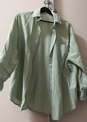 Yeşil Keten Gömlek, Düğmeli, Uzun Kollu - Görsel 2