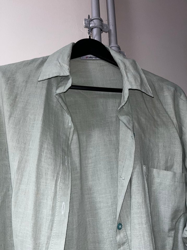 Yeşil Keten Gömlek, Düğmeli, Uzun Kollu - Görsel 3