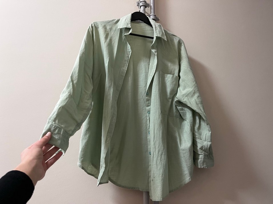 Yeşil Keten Gömlek, Düğmeli, Uzun Kollu - Görsel 2