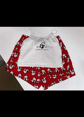kırmızı panda baskılı şortlu Kadın Pijama Takımı - Görsel 2