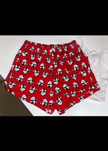 kırmızı panda baskılı şortlu Kadın Pijama Takımı - Görsel 3