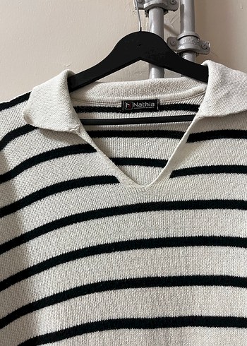 V Yaka Çizgili Örgü siyah-Beyaz Kadın Kazak - Görsel 3