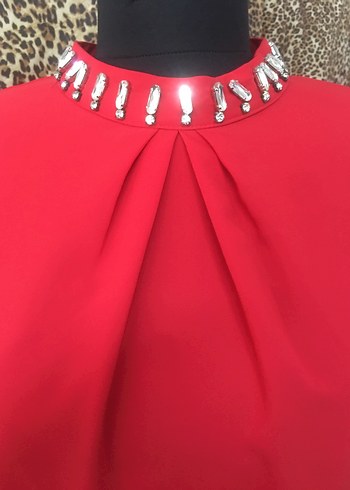 Uzun Kollu Kırmızı Renk taşlı Kadın Tunik - Görsel 2