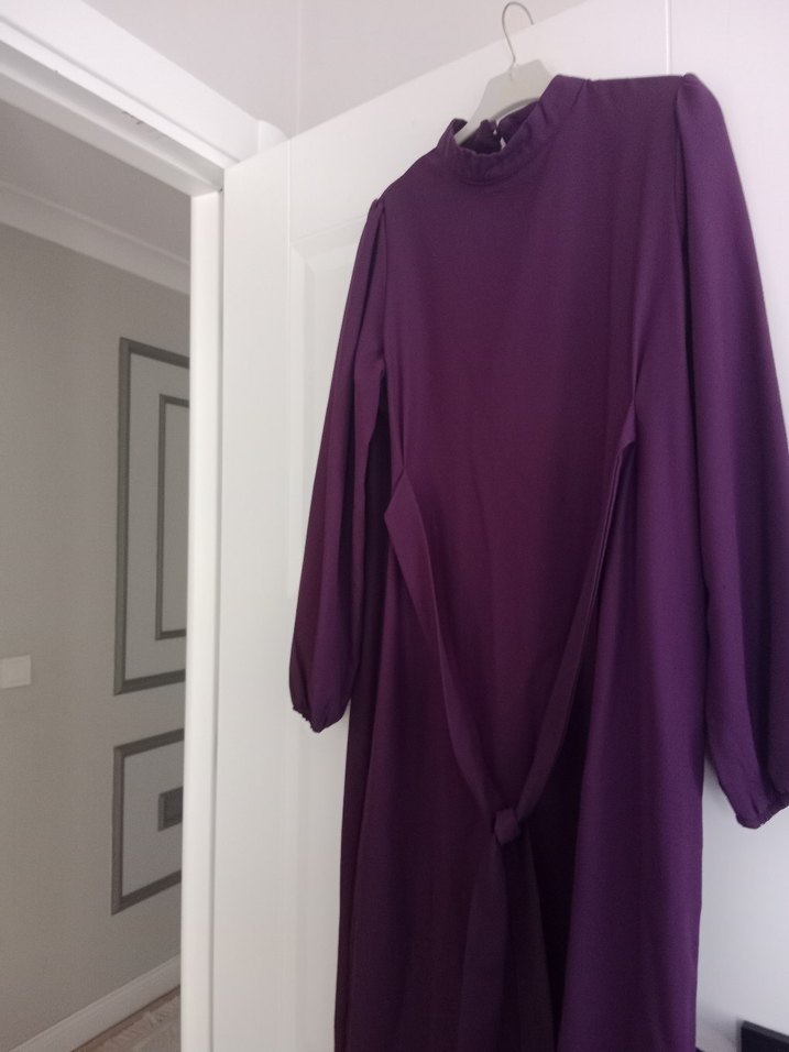 Mor Uzun Kollu Drapeli Kadın Elbise - Görsel 2