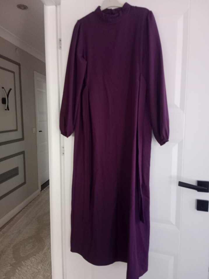 Mor Uzun Kollu Drapeli Kadın Elbise - Görsel 3