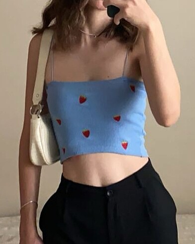 m Beden mavi Renk Mavi İnce Askılı Crop