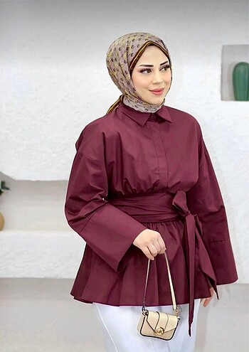 Beli Bağlamalı Uzun Kuşaklı Bordo Gömlek