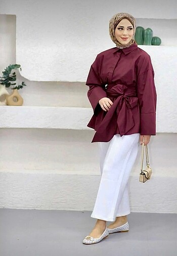 Zara Beli Bağlamalı Uzun Kuşaklı Bordo Gömlek