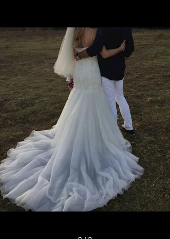 Oleg Cassini Bej Straplez Midi balıkKesim Gelinlik