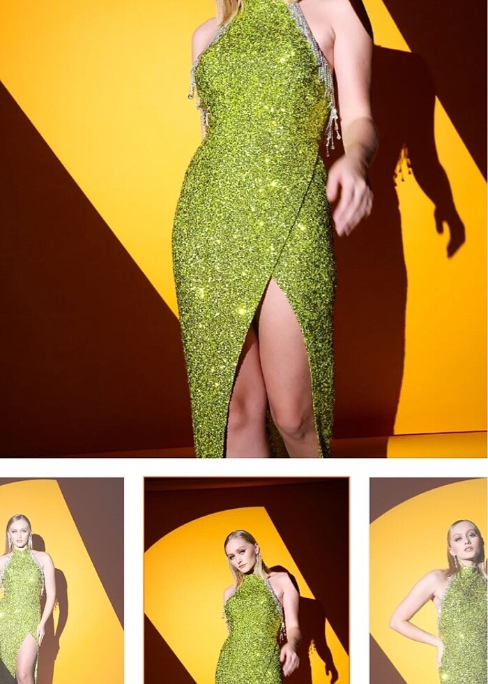 Payetli ve taşlı yeşil elbise - Görsel 2