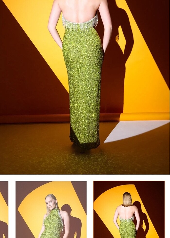 Payetli ve taşlı yeşil elbise - Görsel 3