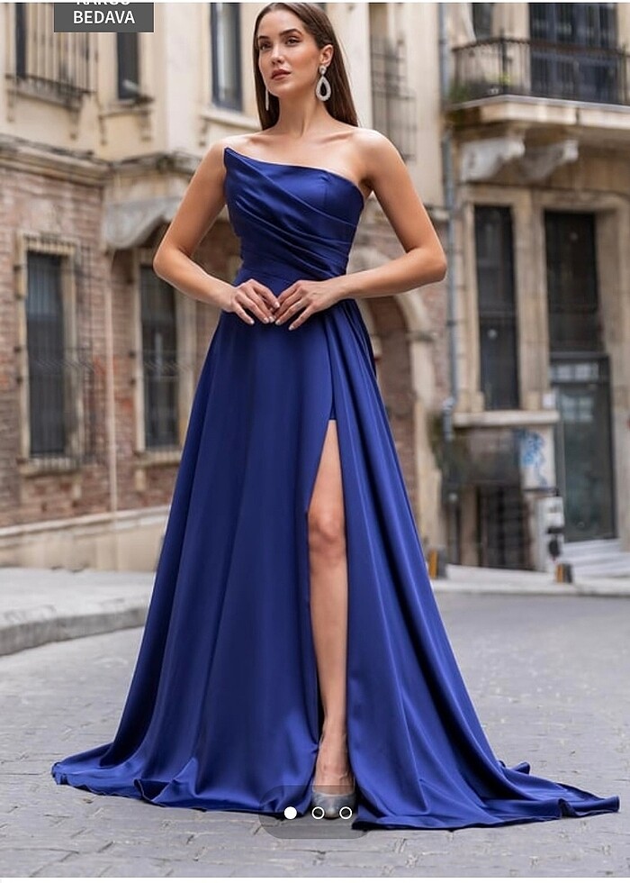 Lacivert saten elbise - Görsel 2