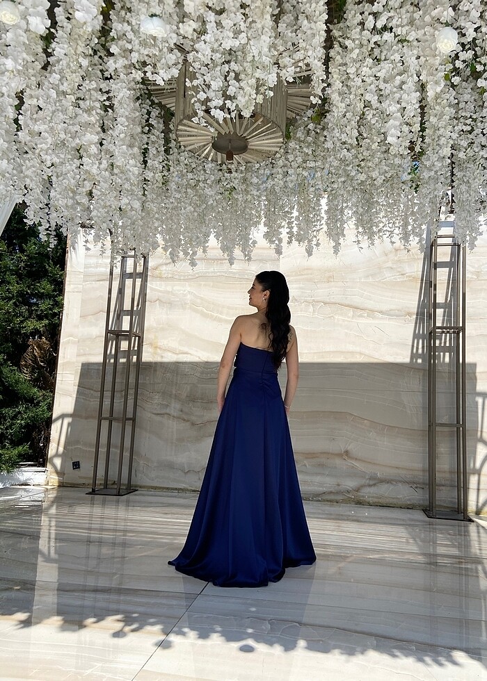 Lacivert saten elbise - Görsel 3