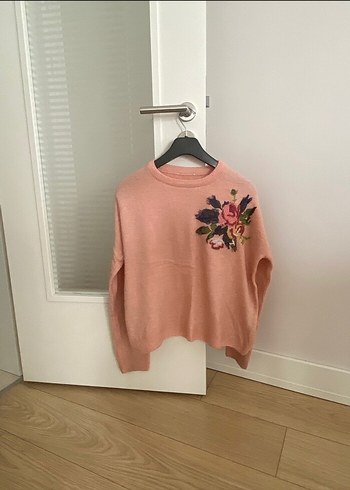 Nakışlı Pembe Oversize Triko Kadın Kazak