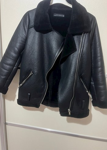 Siyah Kürklü Deri Biker Ceket - Görsel 3