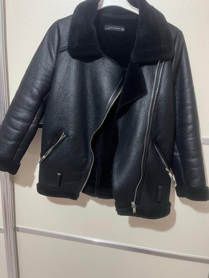 Siyah Kürklü Deri Biker Ceket - Görsel 3