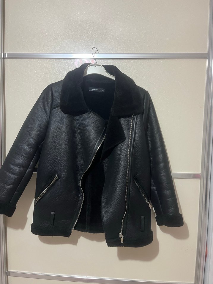Siyah Kürklü Deri Biker Ceket - Görsel 5
