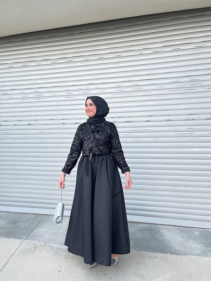 Uzun Siyah Drapeli Kadın Elbise - Görsel 4