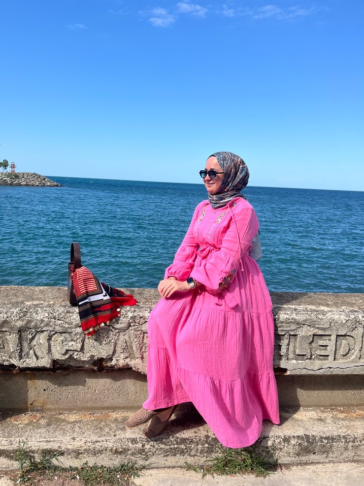 Pembe Bohem Uzun Elbise Yüksek Yaka - Görsel 3