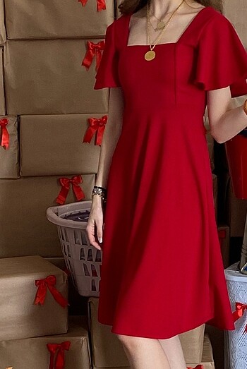 Kırmızı midi elbise - Görsel 6