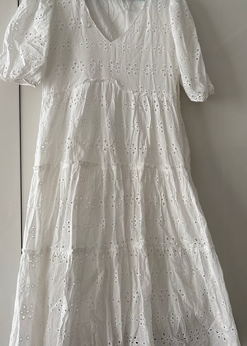 LC Waikiki Pamuklu Beyaz Nakışlı Midi Bohem Elbise