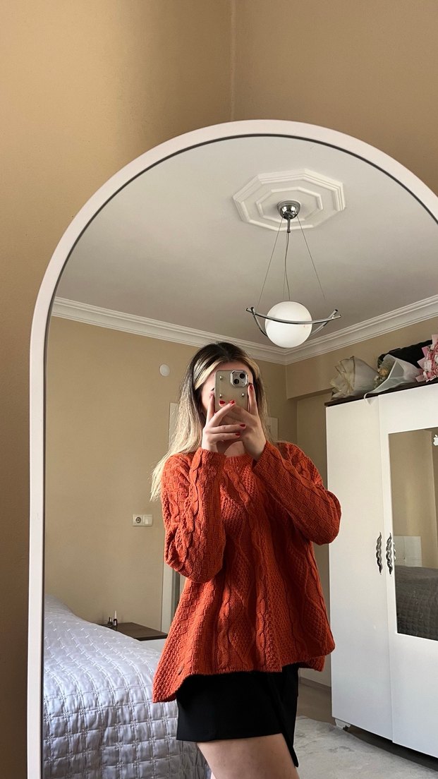 Turuncu Örgü Kadın Triko Kazak - Görsel 2