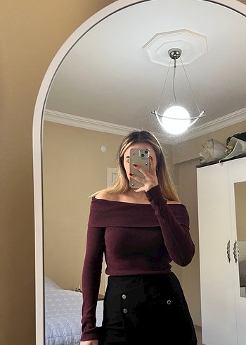 Bordo Straplez Uzun Kollu Triko Bluz - Görsel 2