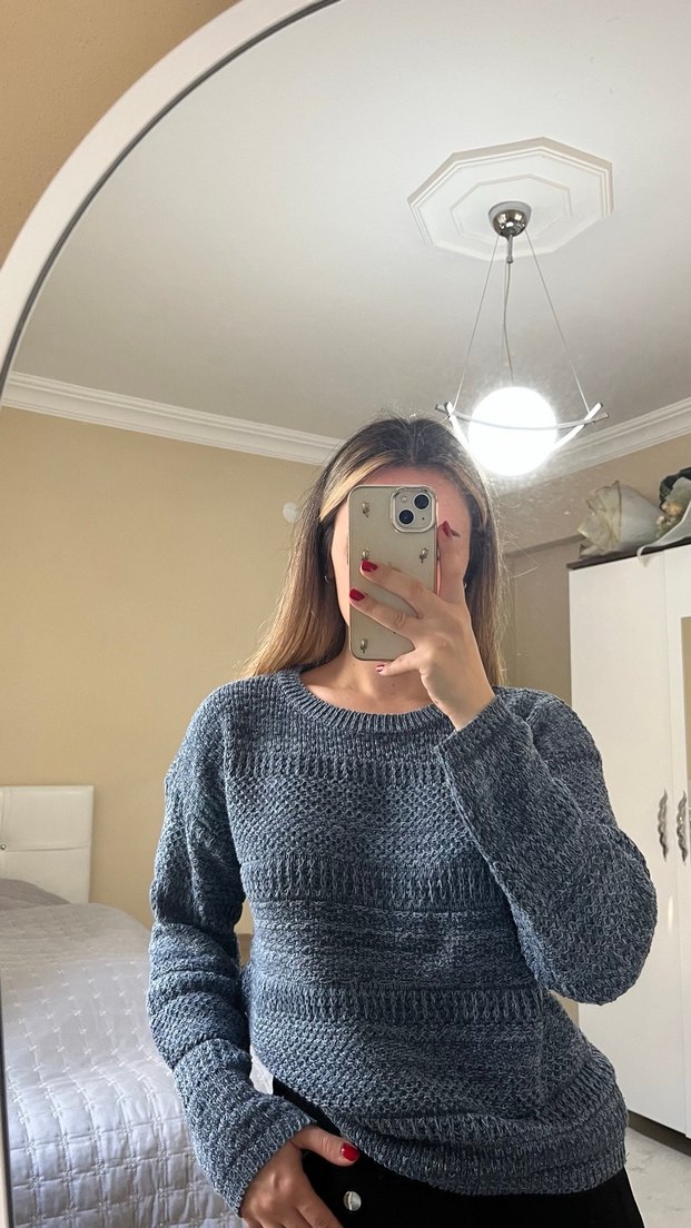 Mavi Örgü Kadın Kazak - Görsel 2