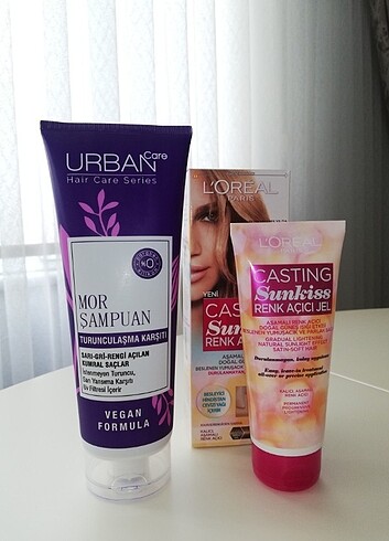 Urban care mor şampuan ve LOréal paris sun kiss saç açıcı 
