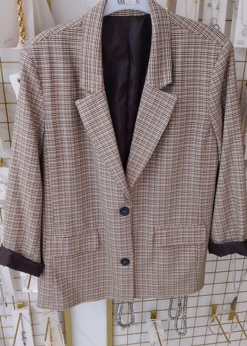 Zara Bej Ekose Blazer Ceket Medium Large 38 40
